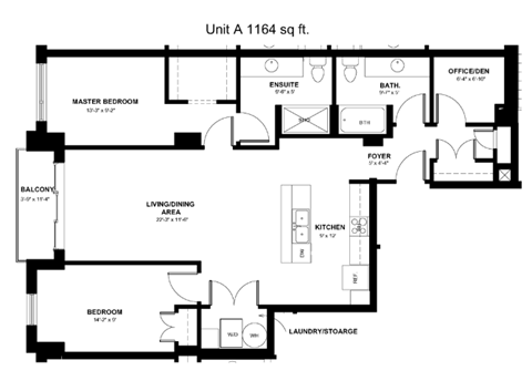 Floor plan for 2 beds, 2 baths, 1104 sqft